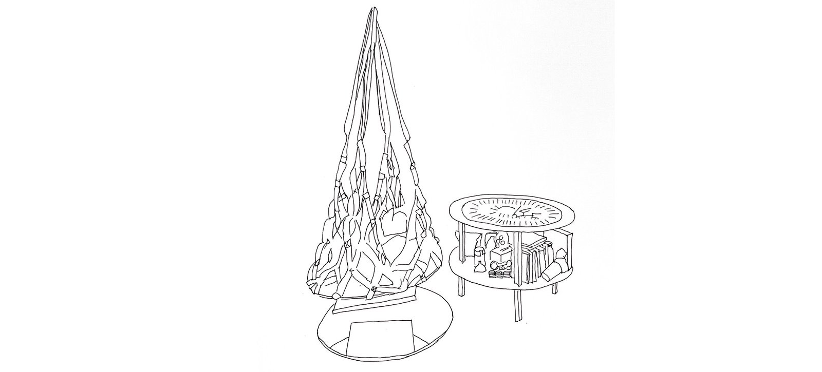 A drawing of a cargo net with a disk in it, holding a TV facing the floor reflected in a mirror. A two lvel round table matches the size of the disk and has a pylogenetic chart on top and suplies on the second shelf.