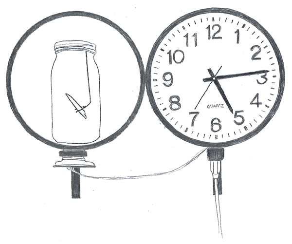 Pencil drawings of the bioreactors described below in 2L mason jars mounted on small shelves behind floating black circles like clock faces